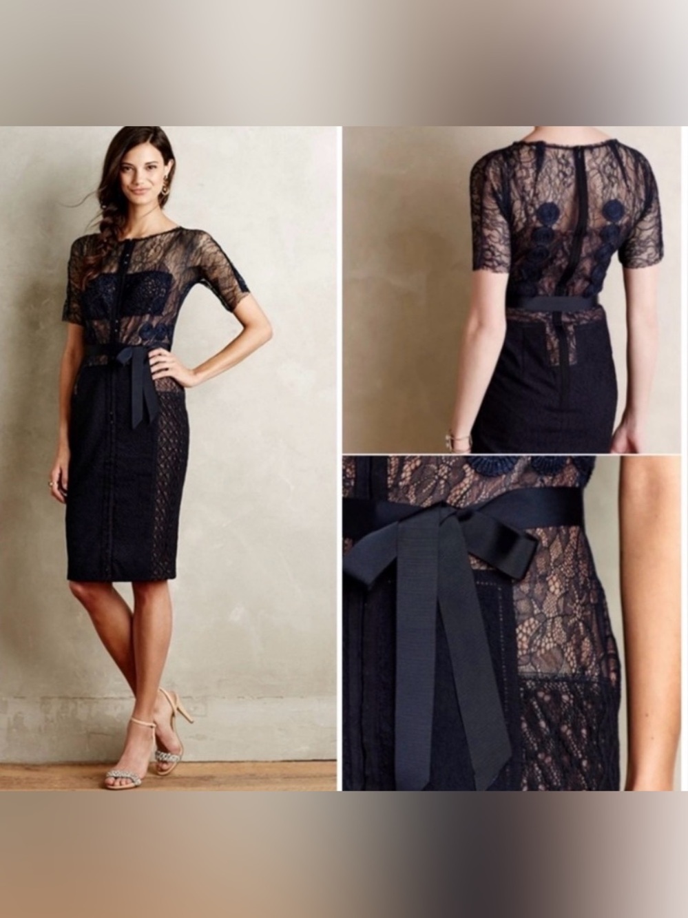 Byron Lars Black Lace Midi Dress with Ribbon Waist